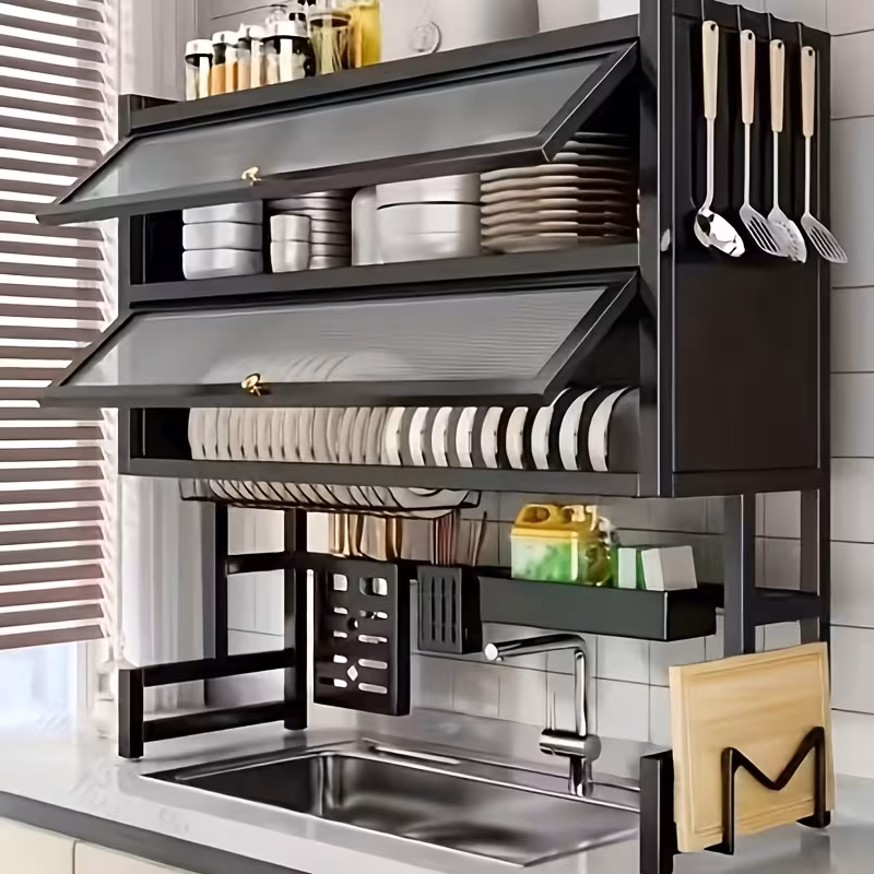 33" Double-Tier Kitchen Sink Shelving Unit with Doors, Dust-Proof Drainage Rack, Multifunctional Storage Cabinet for Dishes, Black