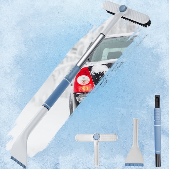 33" Extendable Snow Brush with Detachable Ice Scraper for Car, Snow Removal Tool, Wide Squeegee & Bristle Head with 360° Pivoting Brush Head Sponge Grip, White