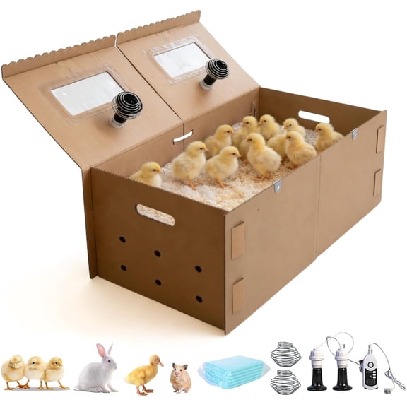 33" Extra Large Chick Brooder Box for 40 Chicks, Dual 75W No-Light Ceramic Heat Lamps, Adjustable Thermostat, 6 Waterproof Pads, Poultry Brooder for Quail, Rabbits & Reptiles