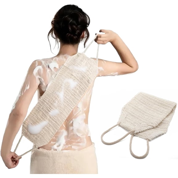 33" Extra Long Natural Sisal Back Scrubber, Exfoliating Body Shower Scrubber with Drawstring Handle, Deep Cleanse Skin Rejuvenation Bath Towel for All Skin Types
