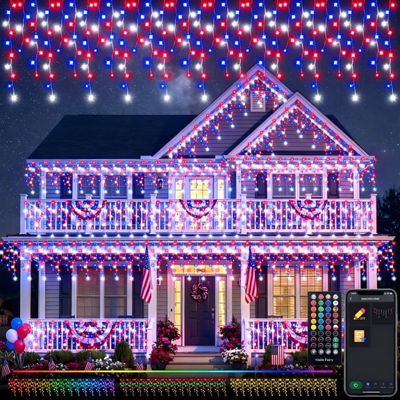33FT 299 LED Smart Icicle Lights 4th of July Patriotic Decorations RGB Color Changing APP & Remote Control Music Sync Timer Waterproof Outdoor Lights for Independence Day Patio Roof Yard
