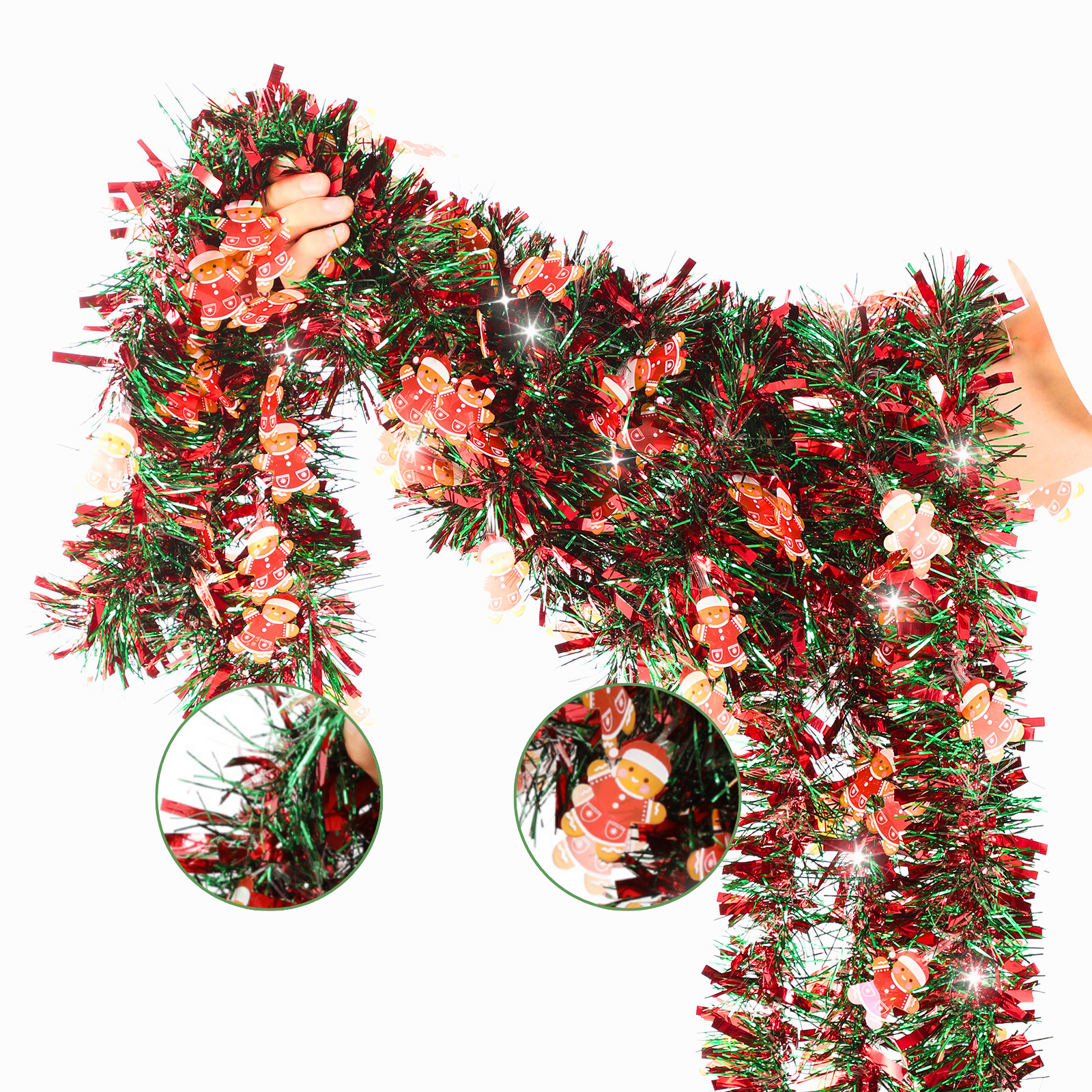 33 FT Christmas Tinsel Gingerbread Decorations,Red Green Garland with ...