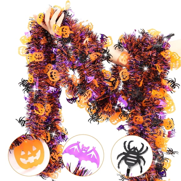 33 FT Halloween Tinsel Garland Decorations,Orange Purple Black Halloween Garland with Pumpkins, Bat, Spider Shiny Metallic Garlands for Halloween Indoor Outdoor Decorations