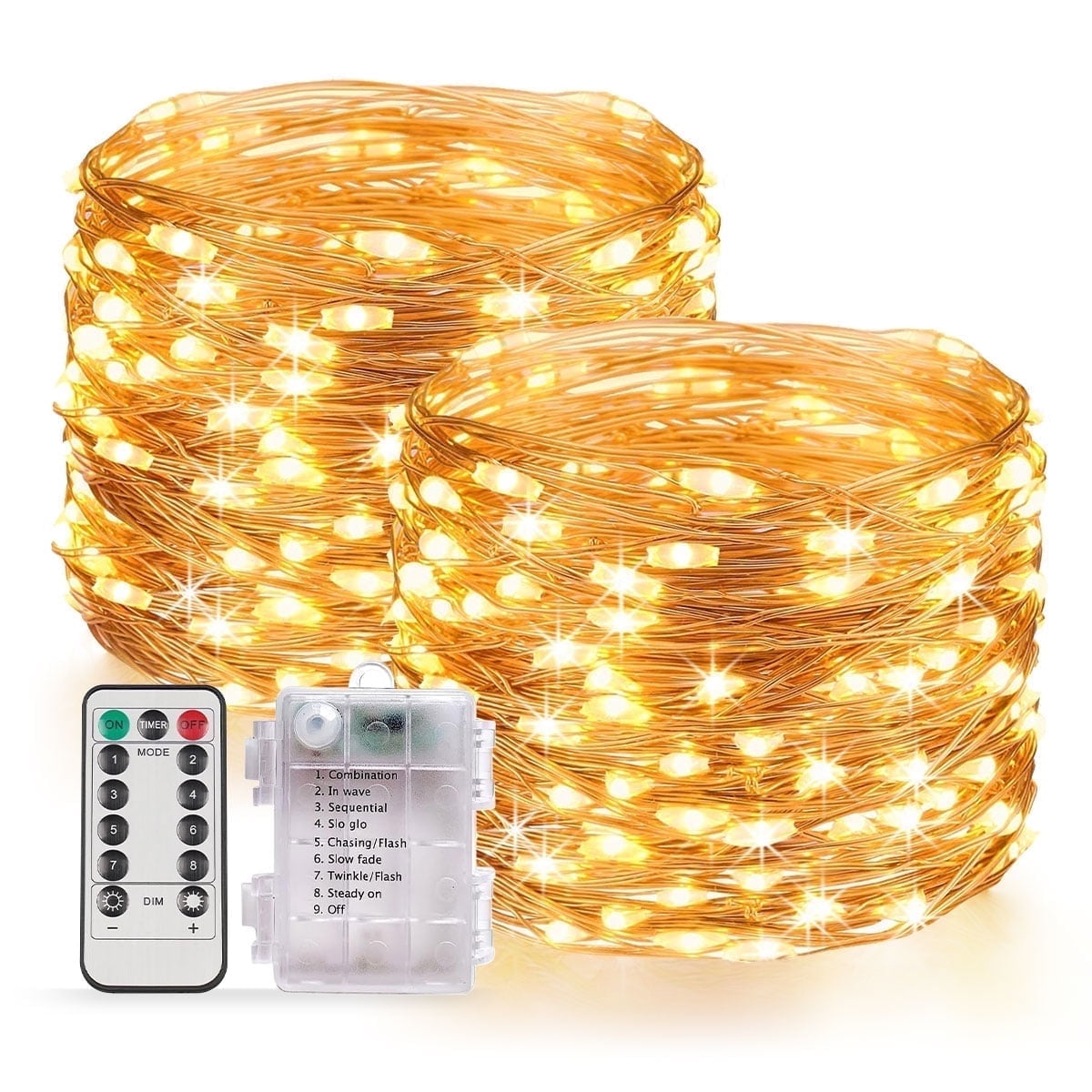 33 ft Warm White LED Battery Powered Fairy Lights with Remote Timer, 2 Pack