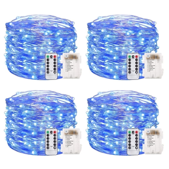 33 Feet 100 Led Fairy Lights Battery Operated with Remote Control Timer Waterproof Copper Wire Twinkle String Lights for Bedroom Indoor Outdoor Wedding Dorm Decor, Blue 4Pack