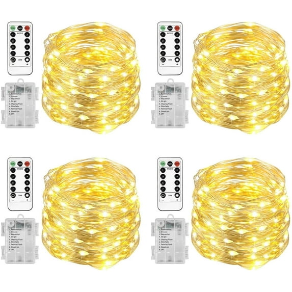33 Feet 100 Led Fairy Lights Battery Operated with Remote Control Timer Waterproof Copper Wire Twinkle String Lights for Bedroom Indoor Outdoor Wedding Dorm Decor, Warm White 4Pack