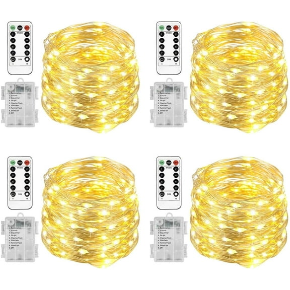 33 Feet 100 Led Fairy Lights Battery Operated with Remote Control Timer Waterproof Copper Wire Twinkle String Lights for Bedroom Indoor Outdoor Wedding Dorm Decor, Warm White 4Pack