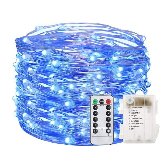 TiokMc 33ft 100 LED Battery Operated Fairy Lights with Remote Control & Timer, Waterproof Silver Wire Twinkle String Lights for Bedroom, Indoor & Outdoor, Wedding, Party, Blue