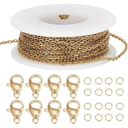 33 Feet/10M 21K Gold Plated Stainless Steel Chain forJewelry Making 1.8mm Flat Cable Link Chain with 20Pcs Lobster Claw Clasps and 50Pcs Open Jump Rings