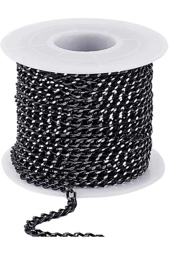 33 Feet/10M Curb Link Chain Roll Craft Link Chains with Spool 5 x 3.3mm Black Aluminum Unwelded Long Cable Cuban Extension Connectors Links Bracelets Necklaces DIY Crafts Black Aluminum