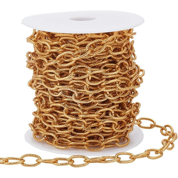 33 Feet/10M Paperclip Link Chain Aluminum Chain Roll Gold Metal Rectangle Textured Pull Extension Connector Chains with Plastic Spool