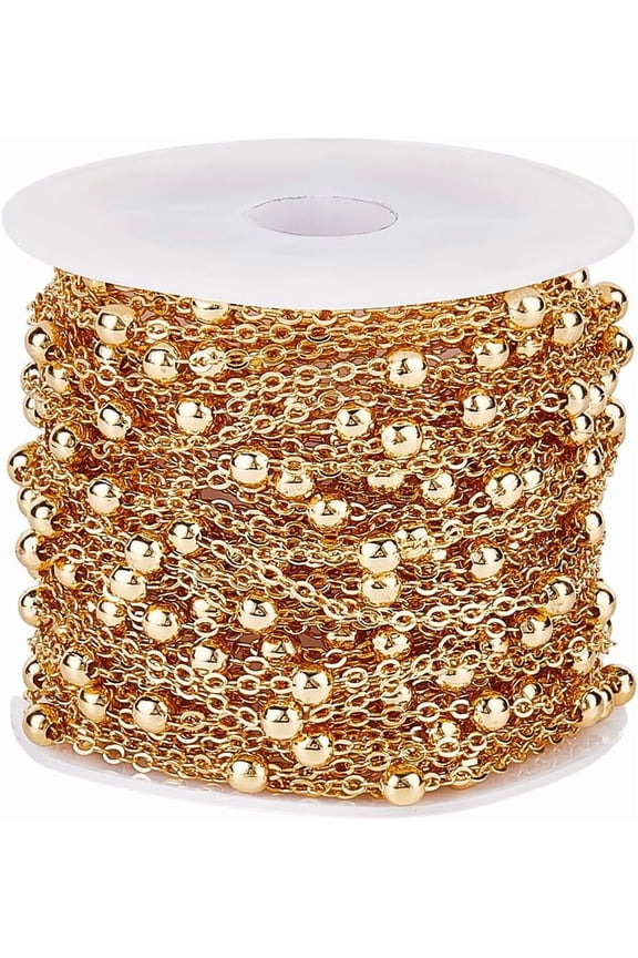33 Feet/10M Real 18K Gold Plated Brass Satellite Chains Ball Beads Chain Bulk Metal Pull Extension Connectors Round Balls Chains Roll with Plastic Spool for Jewelry Making Necklace DIY Craft DIY