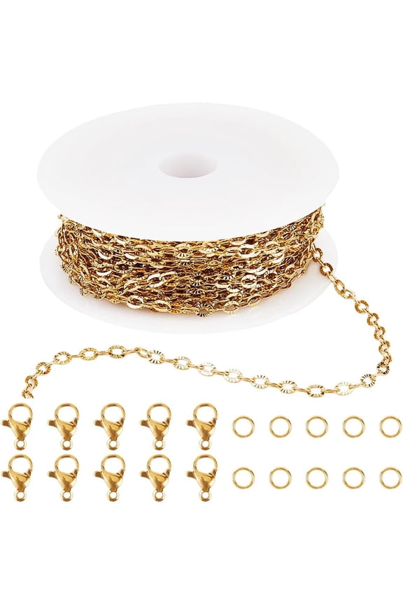 33 Feet/10M Stainless Steel Chains Roll Gold Chain Kits 3.5m Metal Extension Connectors Chains with Spool Open Jump Rings Lobster Claw Clasps for Jewelry Making Bracelet Necklace DIY Crafts DIY
