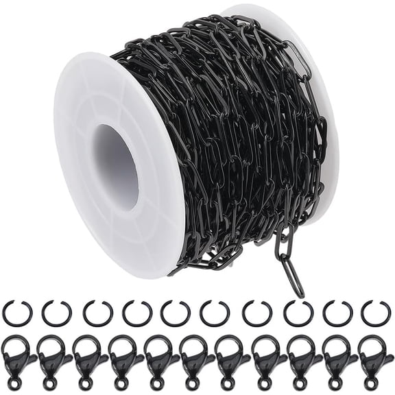 33 Feet/10m 12 x 4mm Stainless Steel Paper Clip Chain Black Chain Kit with Jump Rings Clasps Paperclip Oval Roll Connector Link Accessories for Jewelry Making Necklaces Bracelets DIY Crafts