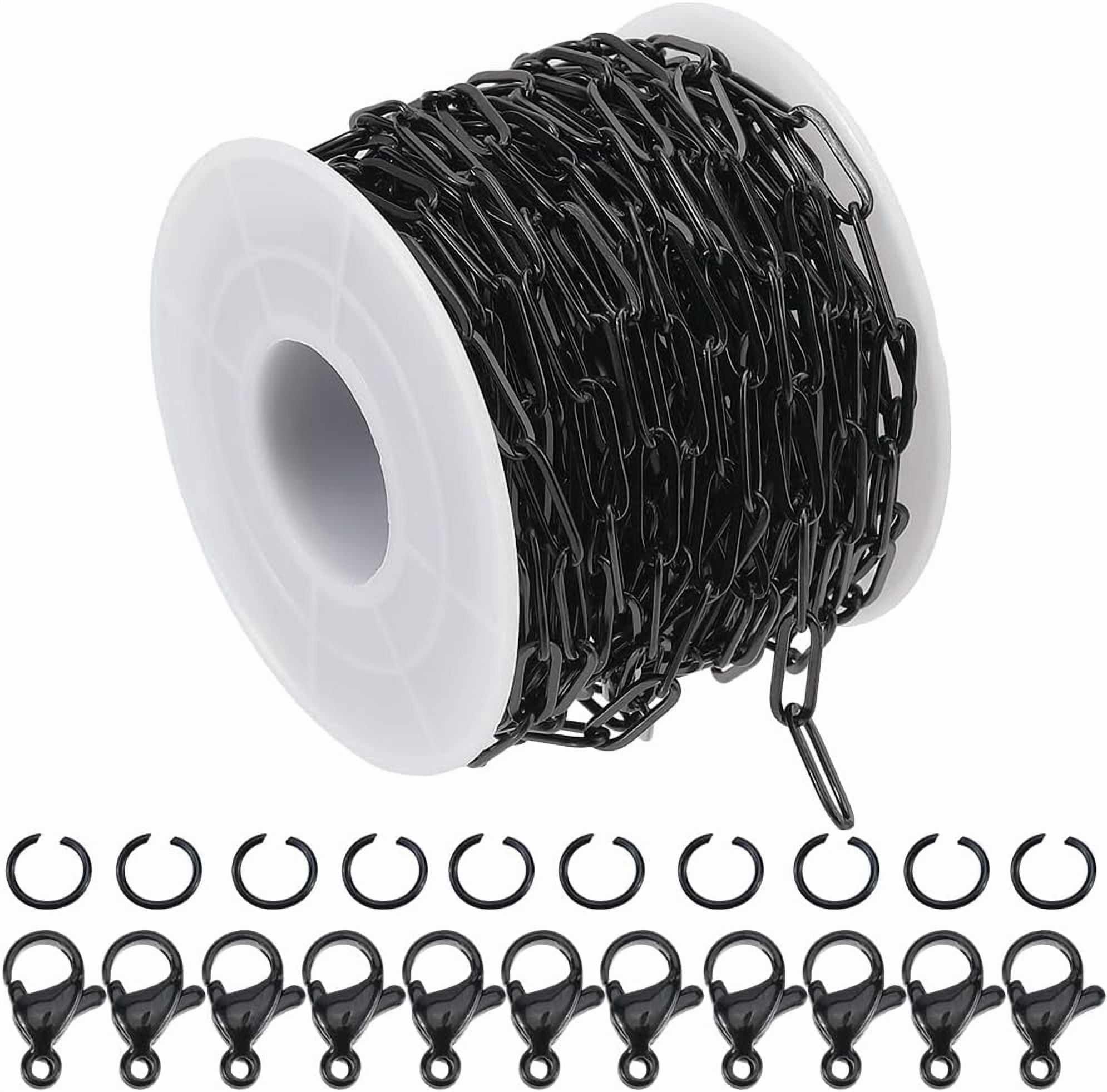 33 Feet/10m 12 x 4mm Stainless Steel Paper Clip Chain Black Chain Kit with Jump Rings Clasps Paperclip Oval Roll Connector Link Accessories for Jewelry Making Necklaces Bracelets DIY Crafts Black DIY
