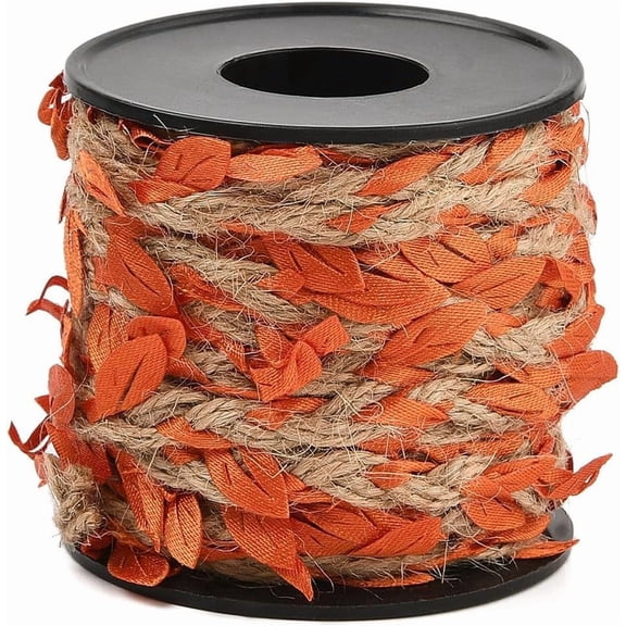 33 Feet 2MM Leaf Burlap Ribbon Artificial Leaves Vine String Orange Ribbons with Fall Leaves Rattan Rope Creative Braid Jute Twine Roll for Crafting Hanging Wall Decoration Garland Making