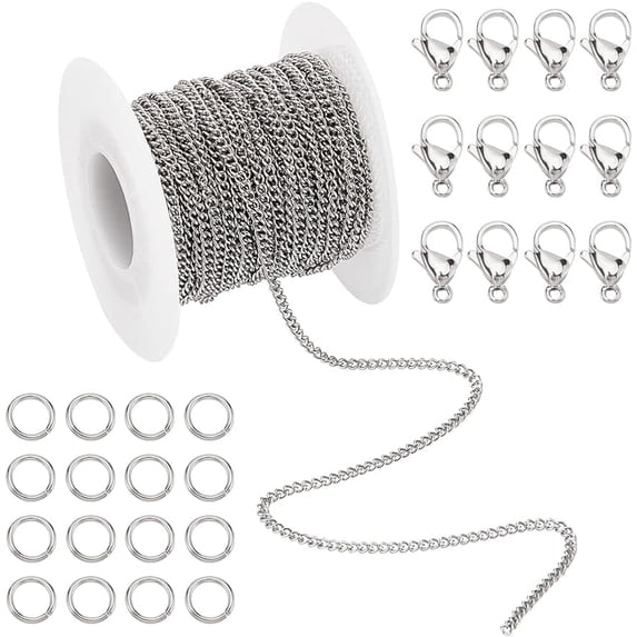 33 Feet 304 Stainless Steel Curb Cable Chain Link Necklace Width 2mm with 20 Lobster Clasps and 30 Jump Rings for Jewelry Making