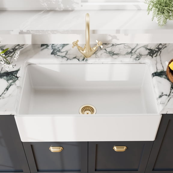 Nuie Kitchen Sink 33 inch Single Bowl Apron Front Farmhouse Sink with Central Waste Position, Fireclay Ceramic Kitchen Sinks - 33x18x10" (White)