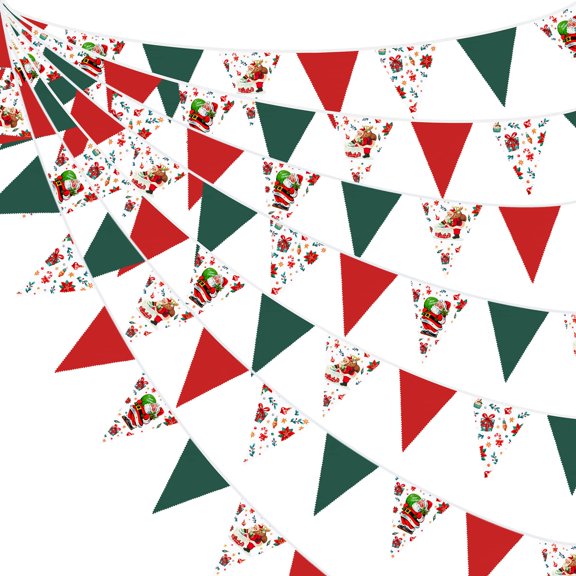 33 Ft Christmas Party Decorations Fabric Santa Claus Floral Triangle Pennant Banner Flag Cotton Bunting for Winter Holiday Outdoor Events