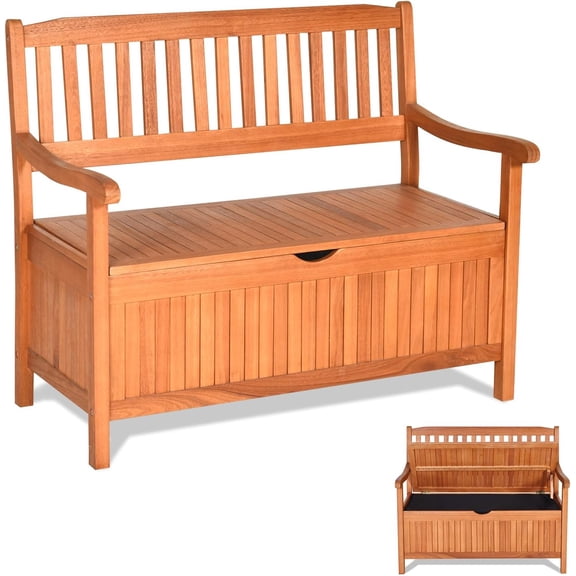 33 Gal Outdoor Storage Bench, Eucalyptus Multi-Functional Deck Box with 800 lbs Heavy Duty Capacity, Removable Liner, Patio Storage Bench for Garden, Poolside, Front Porch, Entryway