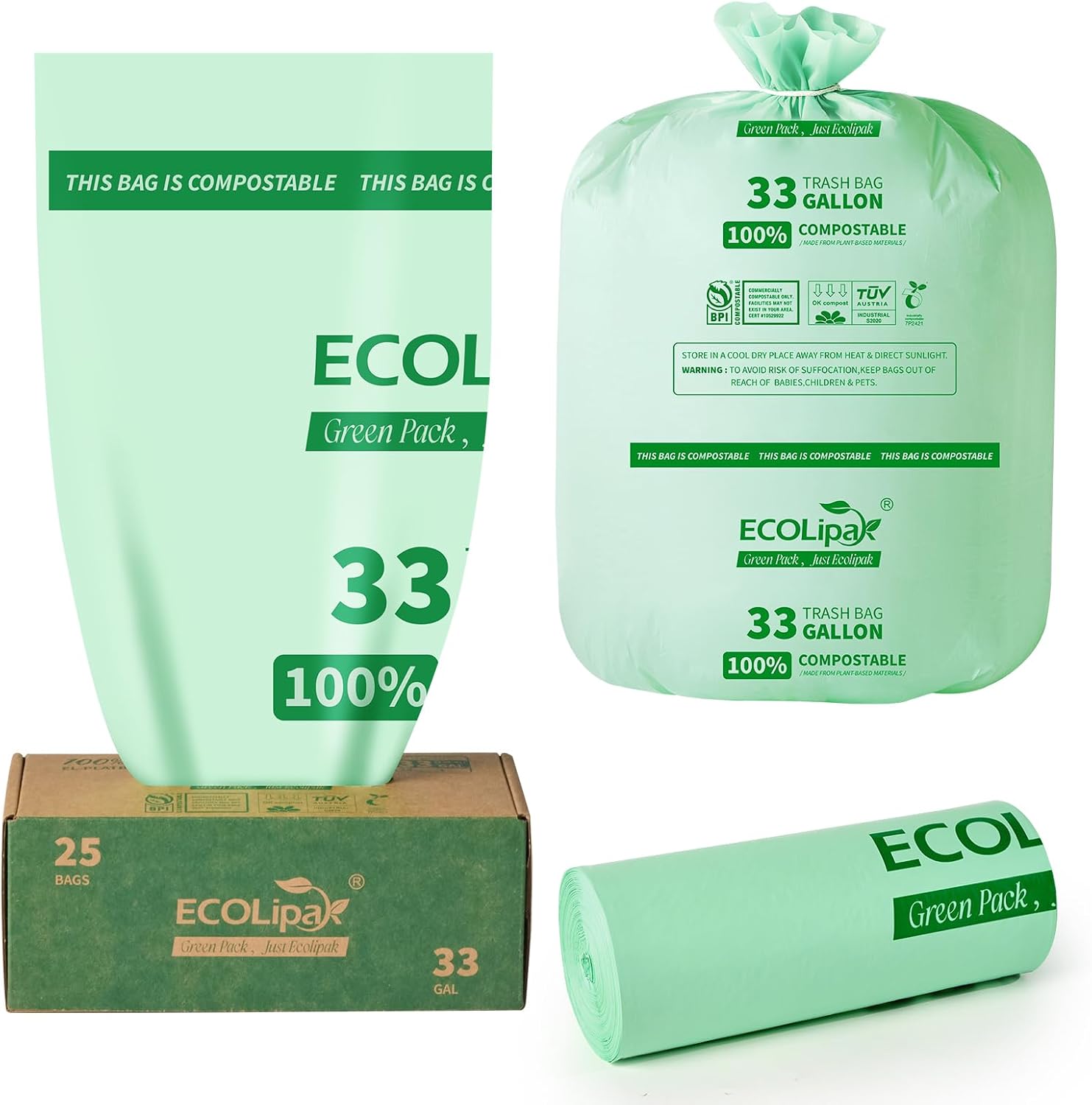 33 Gallon Compostable Trash Garbage Bags, 25 Count (1 Roll) Biodegradable Heavy Duty Large Outdoor Trash Bags for Lawn/Yard, US BPI AS D6400 and OK Compost Home Certified