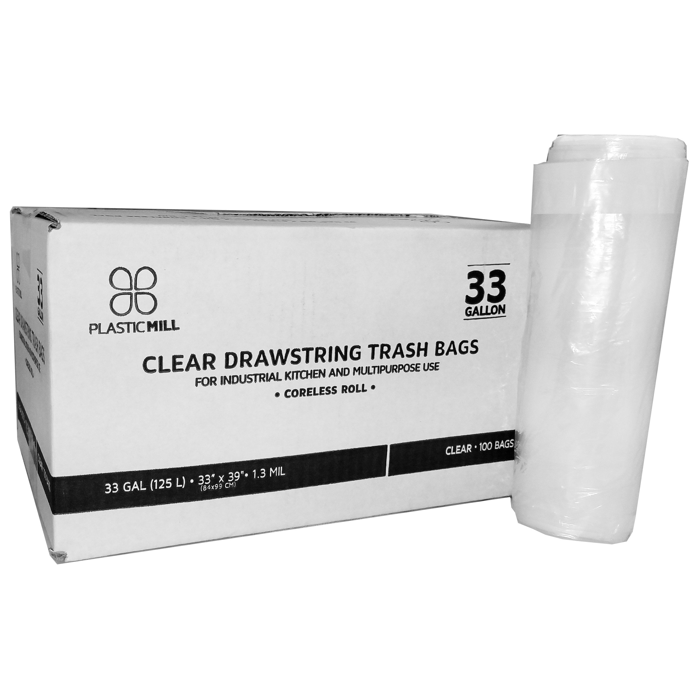 "33 Gallon, Drawstring, Clear, 1.3 Mil, 33x39, 100 Bags/Case, Garbage Bags/Trash Can Liners."
