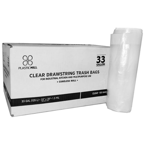 "33 Gallon, Drawstring, Clear, 1.3 Mil, 33x39, 100 Bags/Case, Garbage Bags/Trash Can Liners."