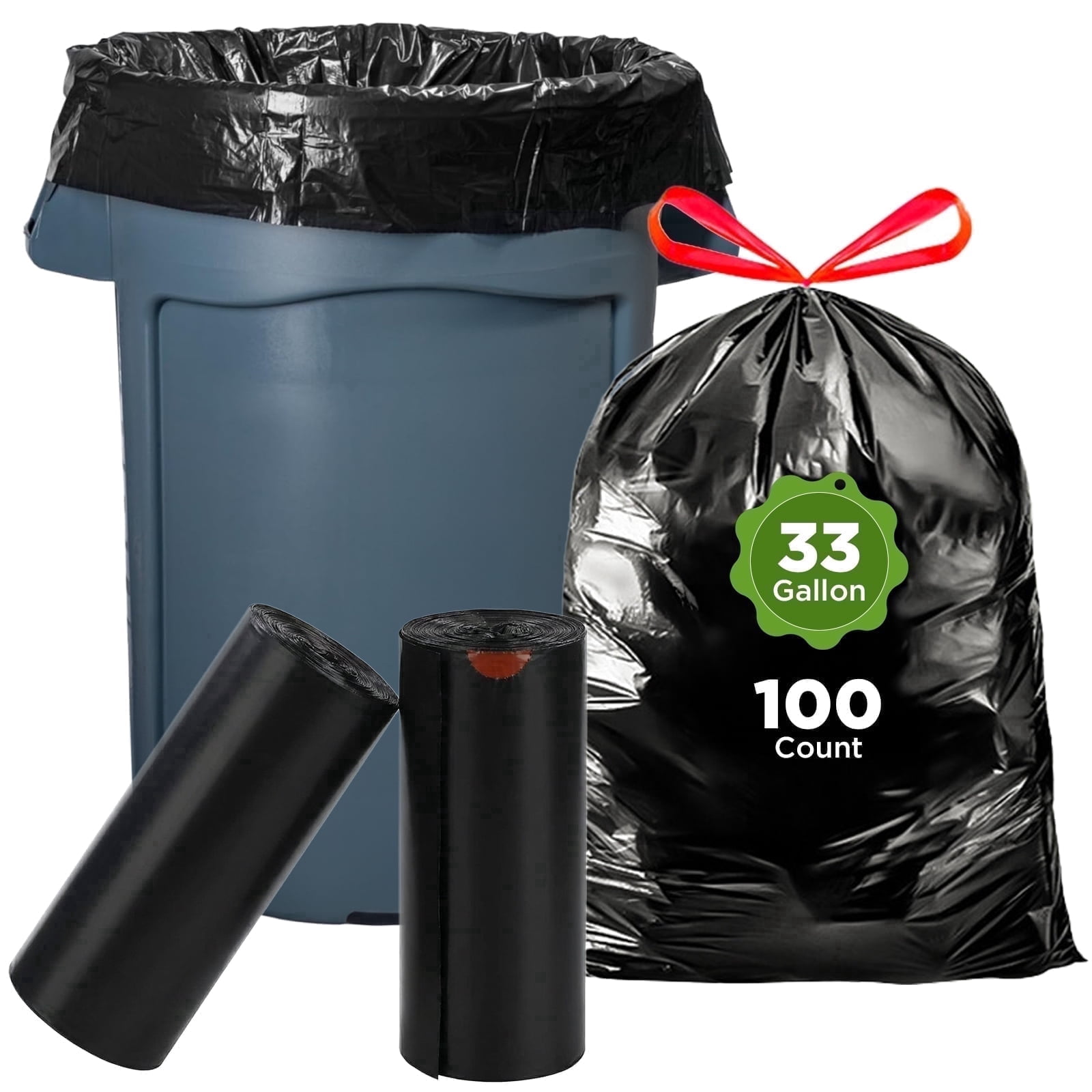 30-33 Gallon Trash Bags, Heavy Duty Drawstring Black Garbage Bags, 100 Count Unscented Can Liners for Kitchen & Outdoor Use