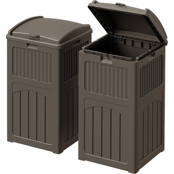 33 Gallon Outdoor Trash Can with Dual Lid, Heavy Duty Waterproof Resin Garbage Bins Outside, Hideaway Waste Bins for Patio, Outside Pool, Backyard and Deck (2, Deep Brown)