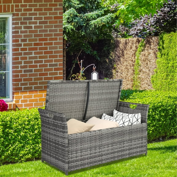 33 Gallon Outdoor Wicker Storage Bench with Cushion, Patio PE Rattan Deck Box with Handles Gray