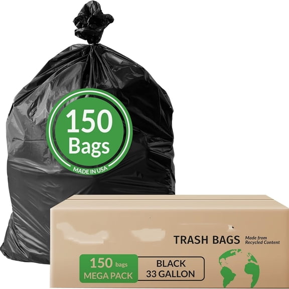 33 Gallon Trash Bags | 150 Count Bulk | Black | Eco-Friendly | Made from Recycled Material