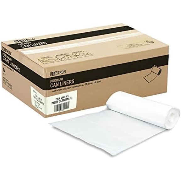 33 Gallon Trash Bags, 16 Micron High Density Pure HDPE Garbage Can Liners Bulk, 33" x 40", Natural Clear, 250 Count