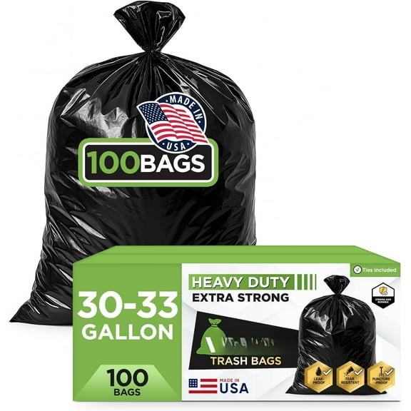 33 Gallon Trash Bags, (Huge 100 Bags w/Ties) Large Black Garbage Bags 30 Gallon, 32 Gallon, 35 Gallon Trash Can Liners