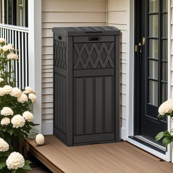 33 Gallon Weatherproof Resin Outdoor Trash Can Tiered Layered Lid & Detachable Drip Tray Heavy Duty Waste Bin for Patio Deck Backyard Kitchen Black