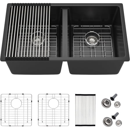33 Granite Composite Kitchen Sink Double Bowl - Fulorni 33"×19" Granite Kitchen Sink Black Undermount Double Bowl 50/50 Matte Black Quartz Classic Composite Under Counter Sink Basin