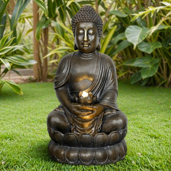 33" H Buddha Outdoor Water Fountain with LED Lights and Pump,Zen Style Relaxing Garden Fountain Waterfall for Patio, Porch and Yard Decor