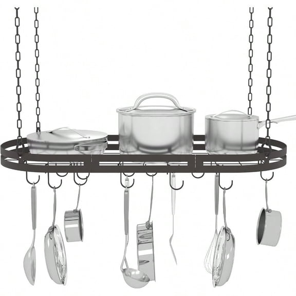 33 Hanging Pot Rack Ceiling Mount Black Metal Pan Rack Hanging With 15 Hooks Oval Pots And Pans Hanging Rack Ceiling Hanging Pot Racks With Grid Pan And Pot Hangers For Kitchen Cookware Utensils