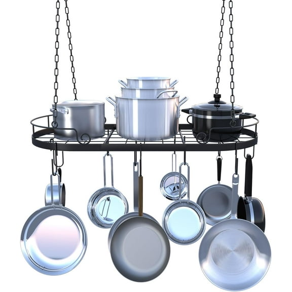33” Hanging Pot Rack Ceiling Mount, Black Metal Pan Rack Hanging with 15 Hooks, Oval Pots and Pans Hanging Rack, Ceiling Hanging Pot Racks with Grid, Pan and Pot hangers for Kitchen Cookware Utensils