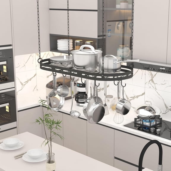 33” Hanging Pot Rack Ceiling Mount, Black Metal Pan Rack Hanging with 15 Hooks, Oval Pots and Pans Hanging Rack, Ceiling Hanging Pot Racks with Grid, Pan and Pot hangers for Kitchen Cookware Utensils