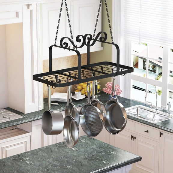 33 Inch Black Pot Rack Hanging Heavy Duty Metal Ceiling Organizer with 15 Hooks for Kitchen Cookware