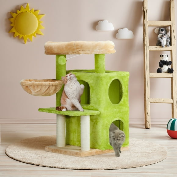 33 Inch Cat Tree Cat Tower for Indoor, Cat Activity Center Play House with Large Padded Perch, Cat Climbing Frame with Hammock, 2-Tiered Condo, Scratching Posts & Dangling Ball, Yellow & Green