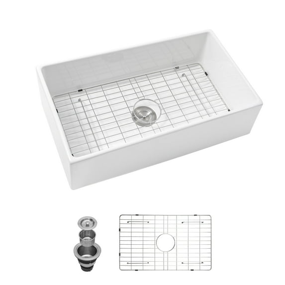 33 Inch Ceramic Kitchen Sink,Included Stainless Steel Dish Grid&Basket Strainer, Easy to Clean,Utility Sink for Workstation, Kitchen,White