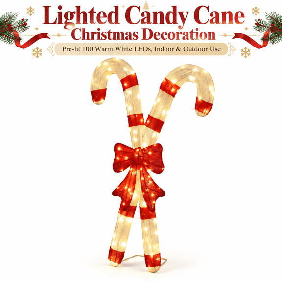 33 Inch Christmas Candy Cane Decoration, Pre-Lit 2D Red and White Candy Canes with Red Bow and 100 Warm White LED Lights, Indoor Outdoor Holiday Decor