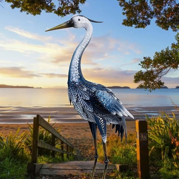 33 in Blue Metal Heron Crane Garden Statue, Bird Yard Art Sculpture for Patio Pond Backyard Outdoor Decor