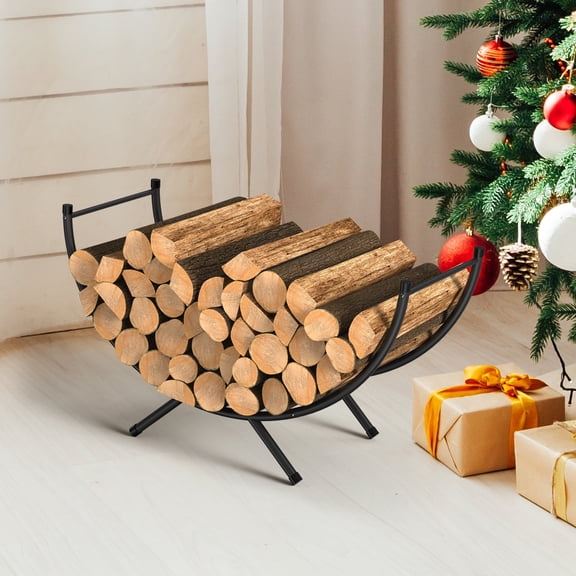 33 Inch Curved Firewood Rack, Heavy Duty Metal Fireplace Log Holder for Indoor & Outdoor Storage, Black