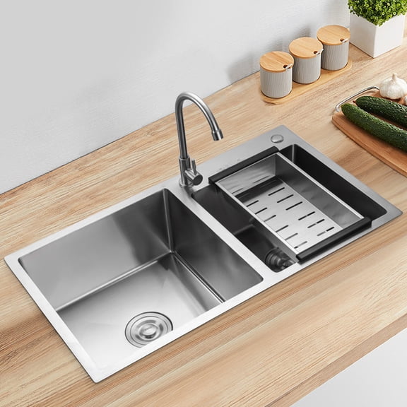 33 Inch Double Bowl Stainless Steel Kitchen Sink, Top/Undermount with Soundproof Pads & Anti-Condensation Coating, Silent Workstation for Easy DIY Installation, Includes Drain Kit