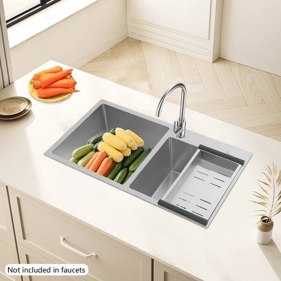 33 Inch Double Bowl Stainless Steel Kitchen Sink, Top/Undermount with Soundproof Pads & Anti-Condensation Coating, Silent Workstation for Easy DIY Installation, Includes Drain Kit