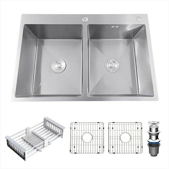 33 Inch Drop In Double Bowl Kitchen Sink with Nano Coating, 18 Gauge 304 Stainless Steel Topmount Kitchen Sink with Accessories