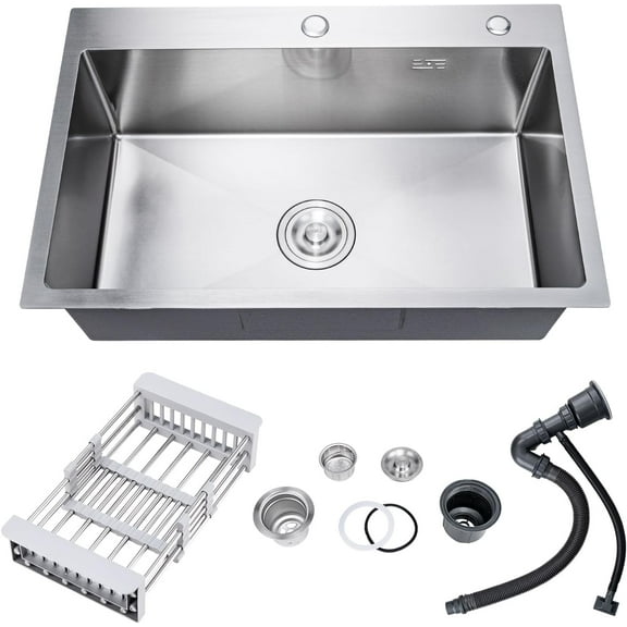 33 Inch Drop In Kitchen Sink, 16 Gauge Stainless Steel Kitchen Sink Single Bowl Sinks with Drain Strainer (33"x19"x9")
