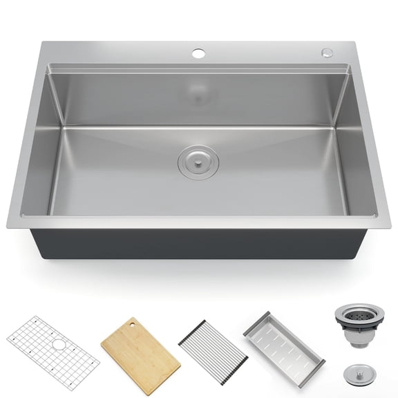 33 Inch Drop-In Kitchen Sink, 304 Stainless Steel Single Bowl Workstation Sink with Built-In Ledge, Bamboo Cutting Board, Drain Basket, Bottom Grid, Drain Assembly, and Roll-Up Rack